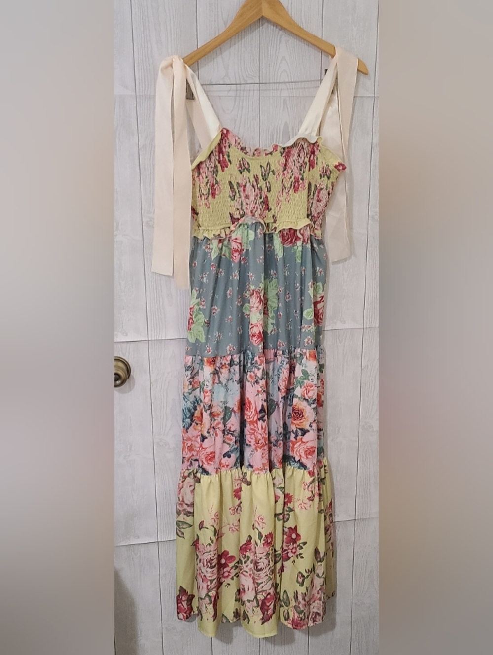 Floral Tiered Maxi Dress with Smocked Bodice in Yellow, Blue and Pink